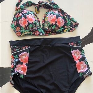 Floral Bikini Set with Black High-Waist Bottoms